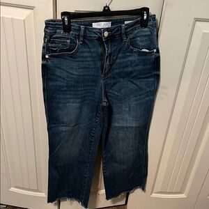 Judy Blue Ankle Wide Leg Cropped Blue Jeans with Frayed Hem